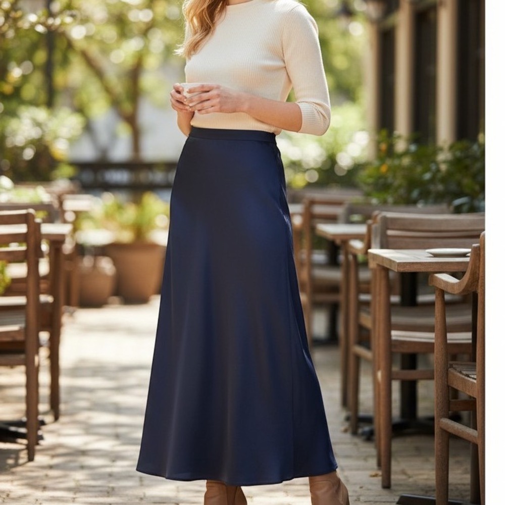 Patrick Collection Silk Maxi Skirt Womens 12 Navy Blue lined Minimalist